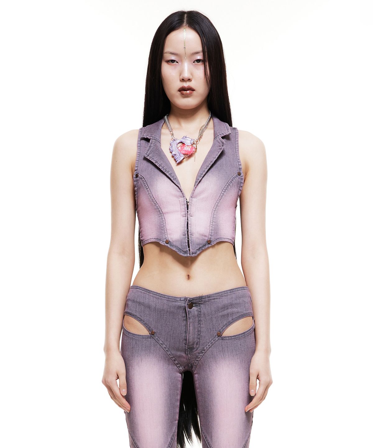배디(BADEE) Cropped Denim Vest Pink/Gray