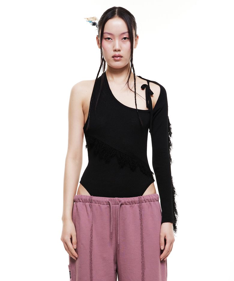 Fringe Body Suit Pale Black