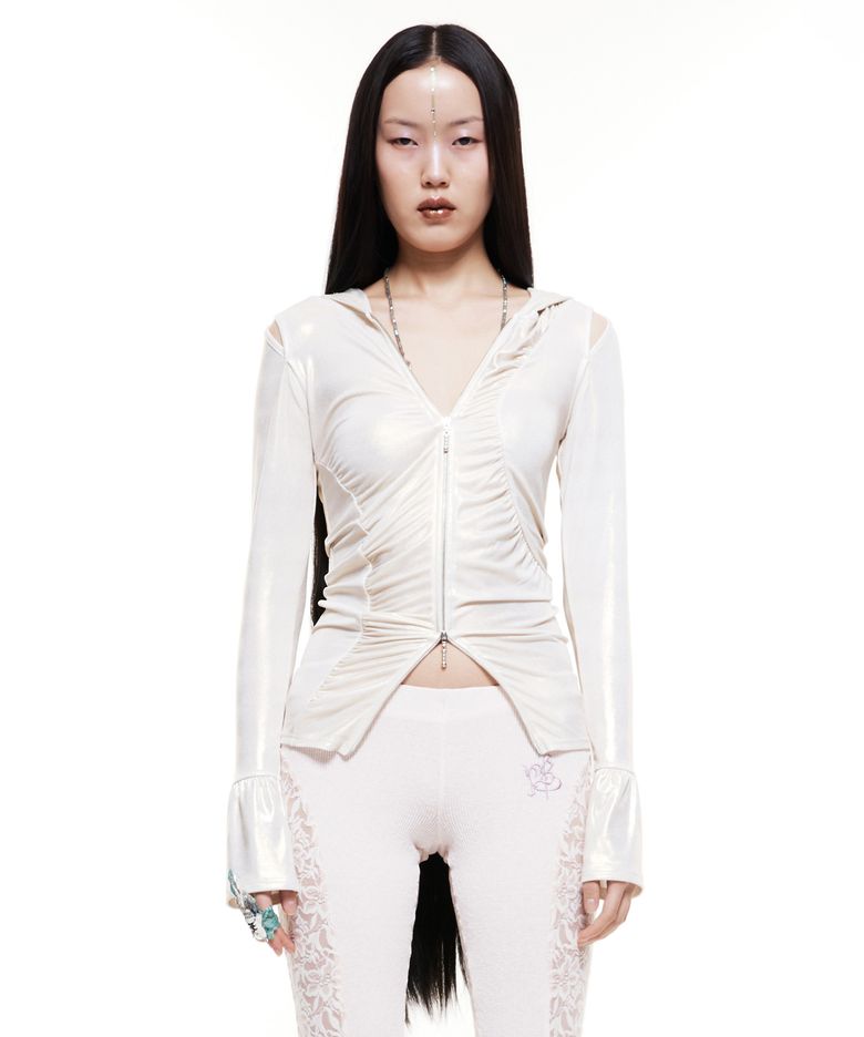 Cut-Out Shirring Hoodie Zip-up Glitter Ivory