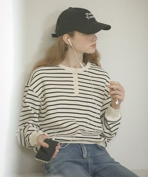 Henry neck stripe ribbed t-shirt_Ivory