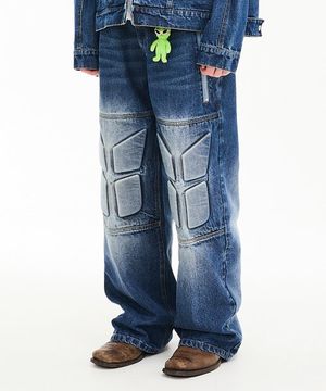 엠보싱 데님 바이커 팬츠 미디엄블루