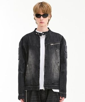 엠보싱 데님 바이커 자켓 블랙