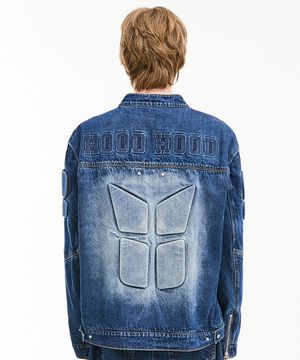 [미누 PICK] 엠보싱 데님 바이커 자켓 미디엄블루