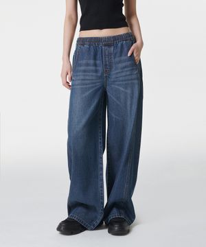 우먼즈 루즈 트라페즈 밴딩 데님 팬츠 [미디엄 인디고]