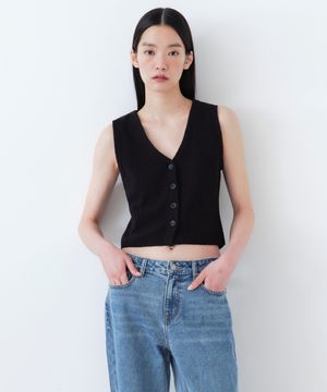 우먼즈 미니 부클 버튼 니트 베스트 [블랙]