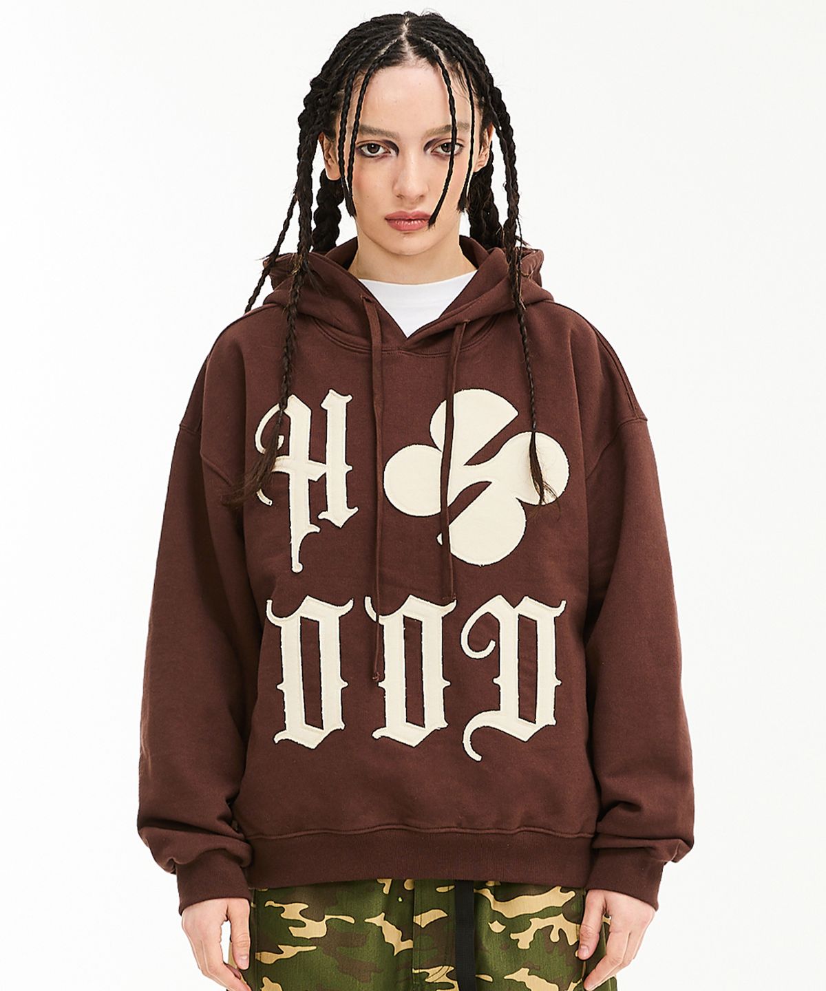 후드후드(HOODHOOD) HOOD 로고 아플리케 후드 브라운