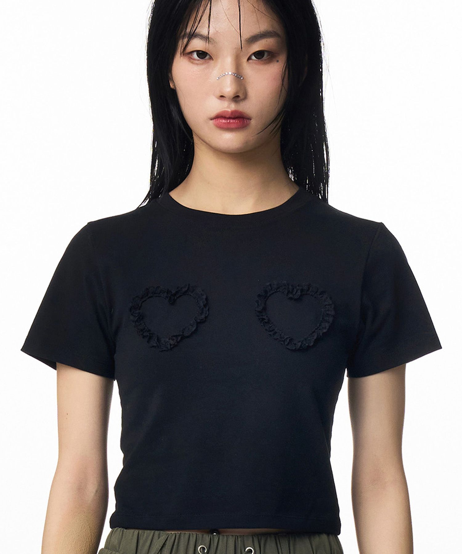 ★ILLIGO★ Heart Lace Fitted Crop T-Shirt Black MUSINSA公式 | ILLIGO Heart Lace Fitted Crop T-Shirt Black