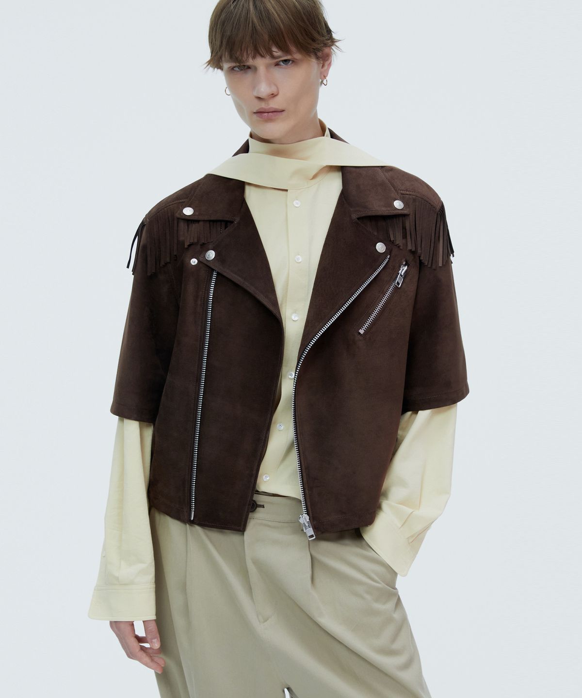 노앙(NOHANT) FRINGE SHORT SLEEVE LEATHER JACKET BROWN
