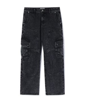 HALF DOUBLE KNEE POCKET DENIM PANTS BLACK