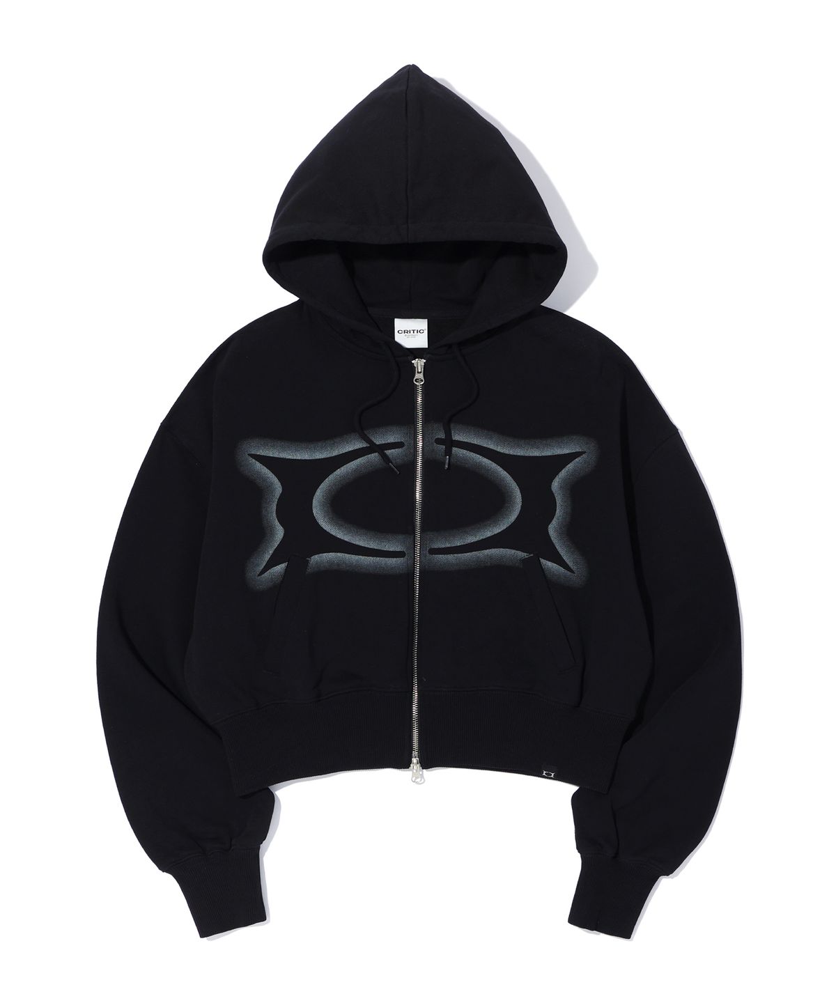 크리틱(CRITIC) CROP WORMHOLE LOGO HOODIE ZIP-UP BLACK
