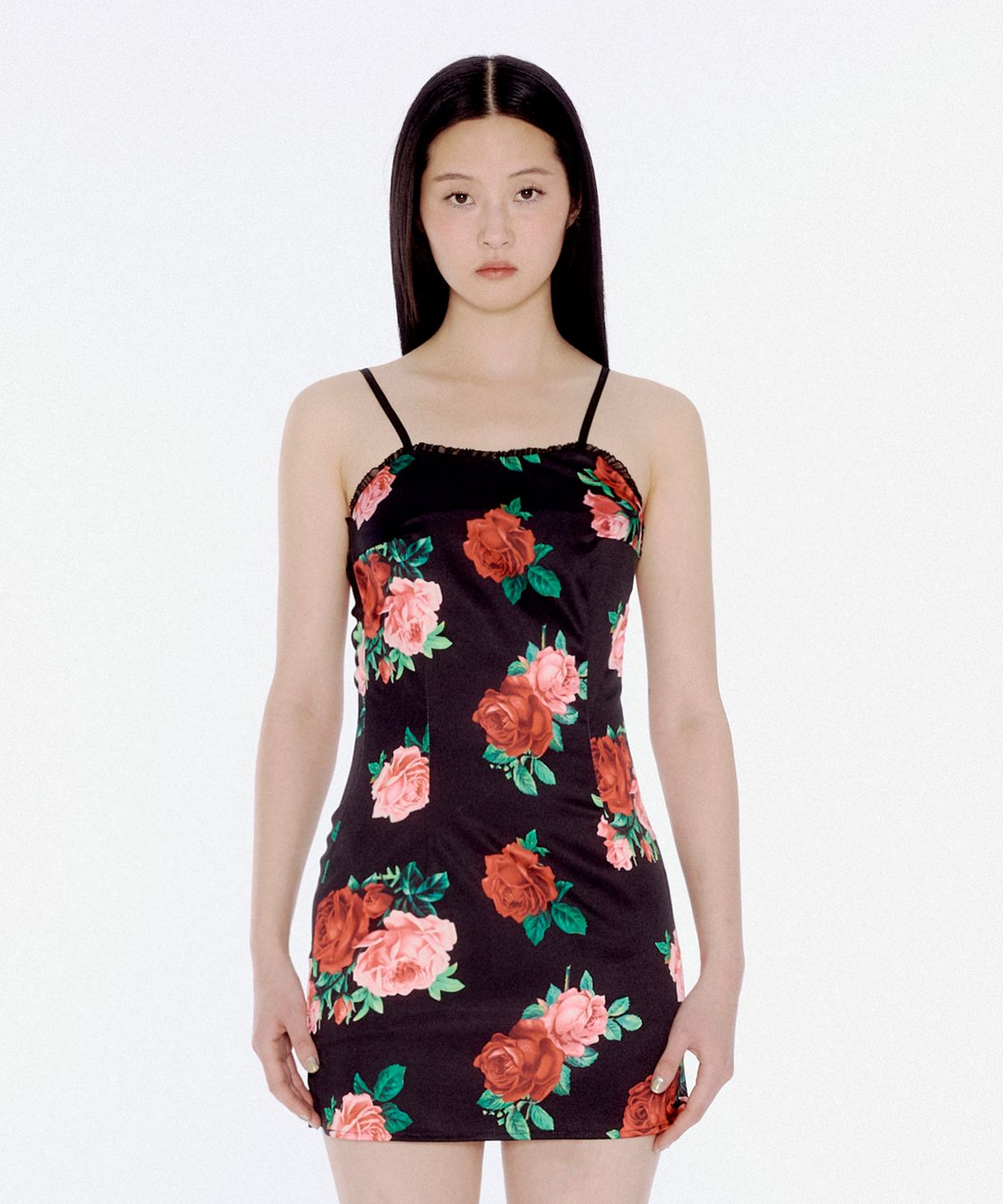 유희(YOUHEE) SATIN FLOWER PATTERN DRESS BLACK