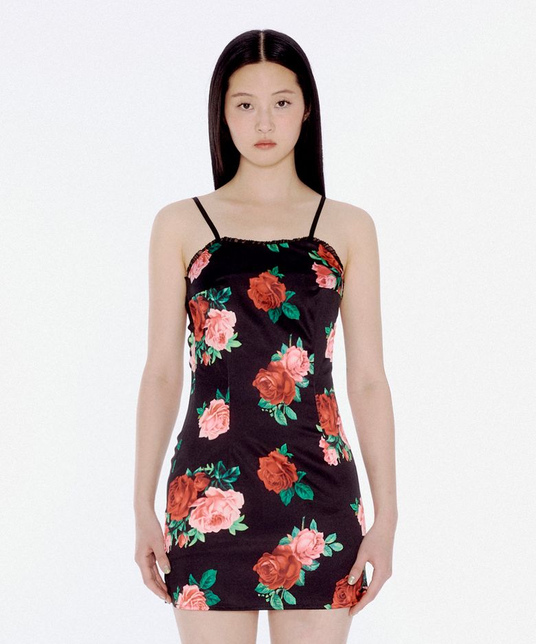 SATIN FLOWER PATTERN DRESS BLACK