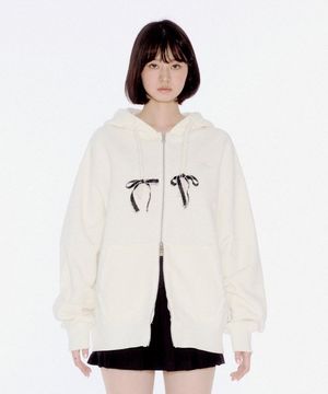 RIBBON DETAIL HOOD ZIP-UP WHITE