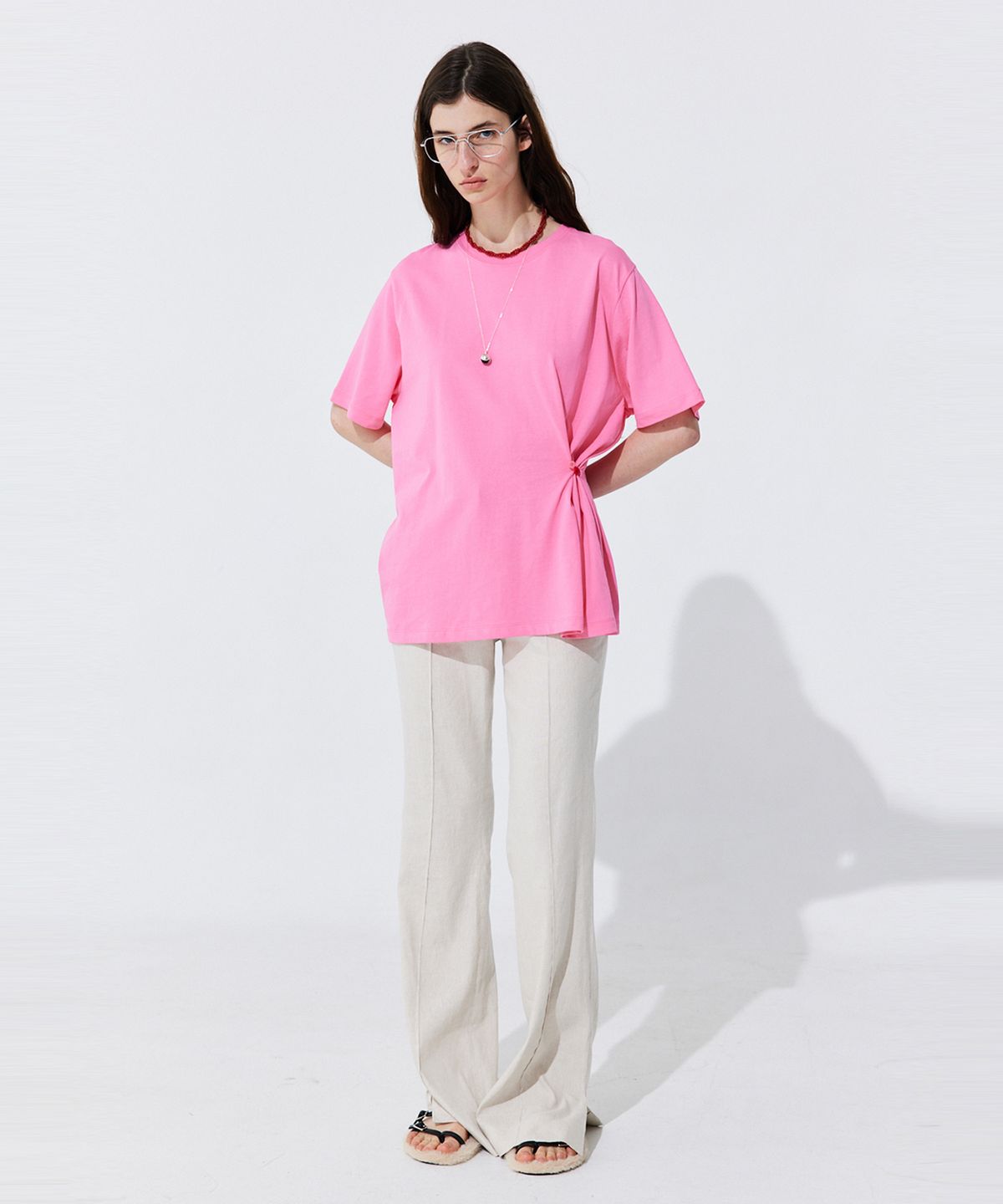 분더캄머(WNDERKAMMER) Button Line T-shirt_Hot Pink (버튼 라인 티셔츠_핫 핑크)