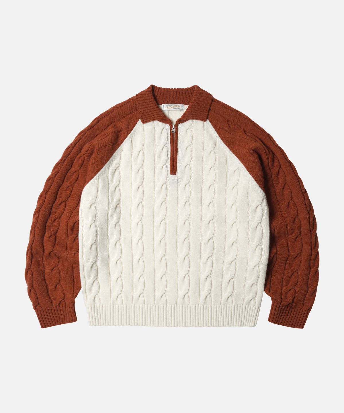 프리즘웍스(FRIZMWORKS) WOOL CABLE RAGLAN HALF ZIP KNIT _ BRICK
