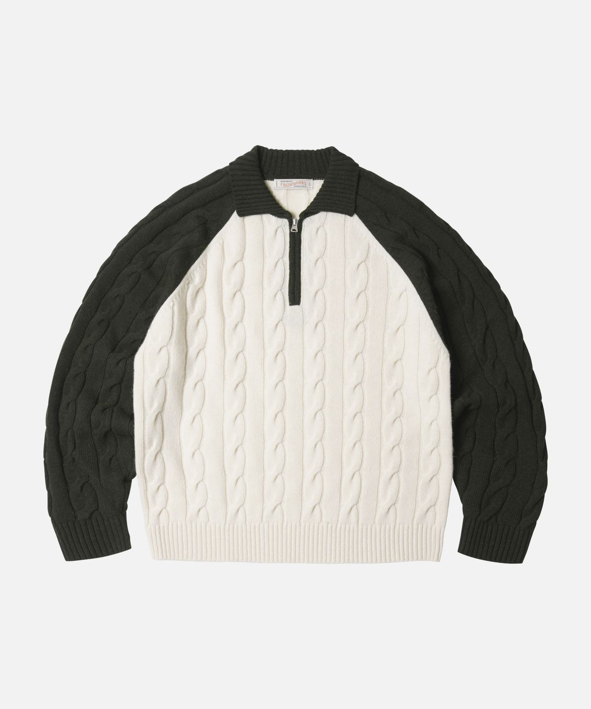 프리즘웍스(FRIZMWORKS) WOOL CABLE RAGLAN HALF ZIP KNIT _ DARK OLIVE