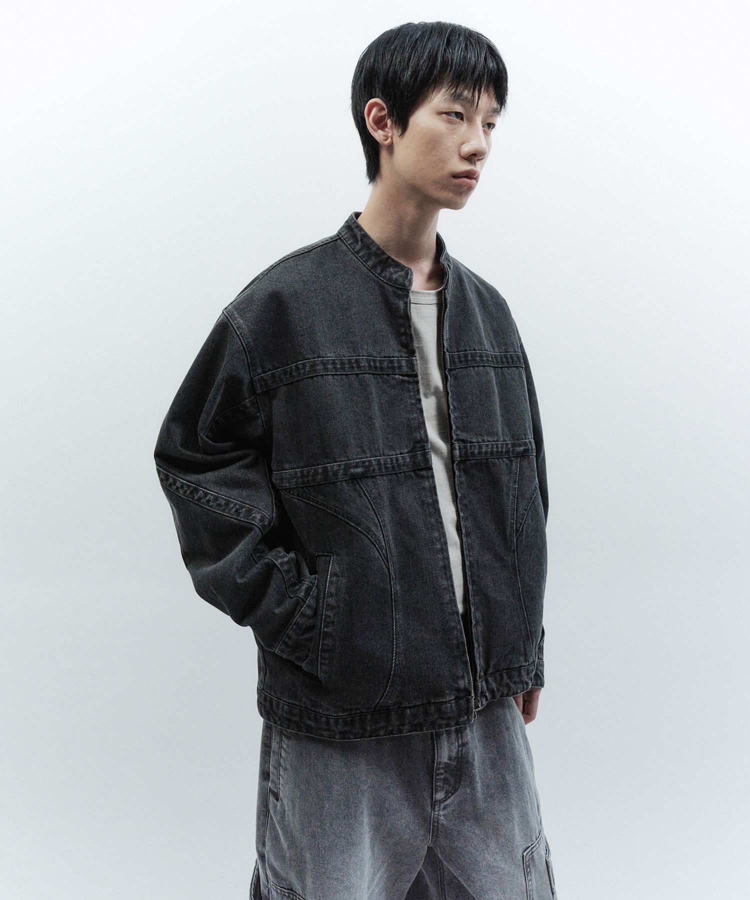 MUSINSA | INSILENCE Divide panel denim biker jacket BLACK