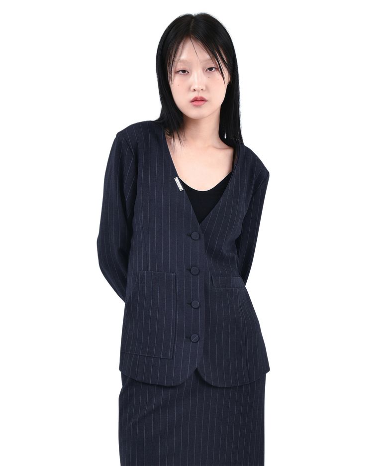 노 카라 드레스 자켓 네이비 핀 스트라이프 FREE