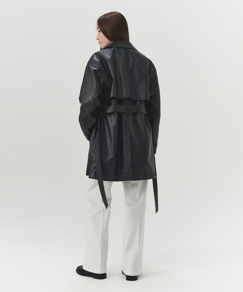 Faux Leather Half Trench Coat - Black