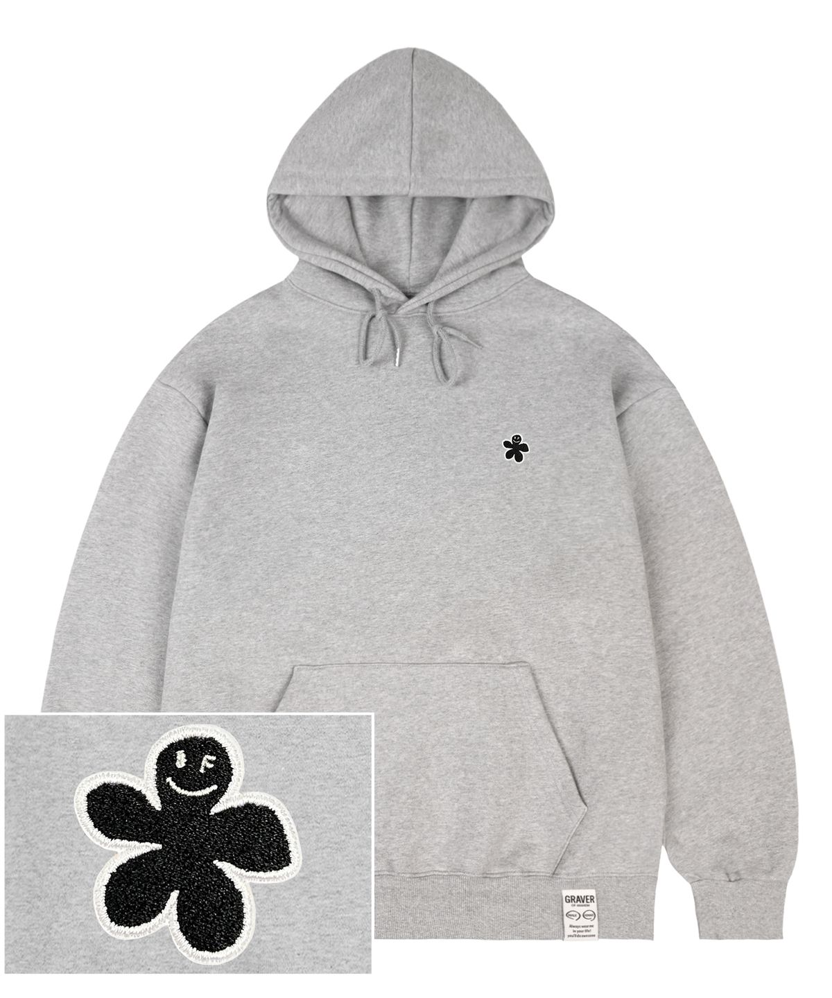 그레이버(GRAVER) [UNISEX]블랙 오드플라워 자수 후드티_그레이