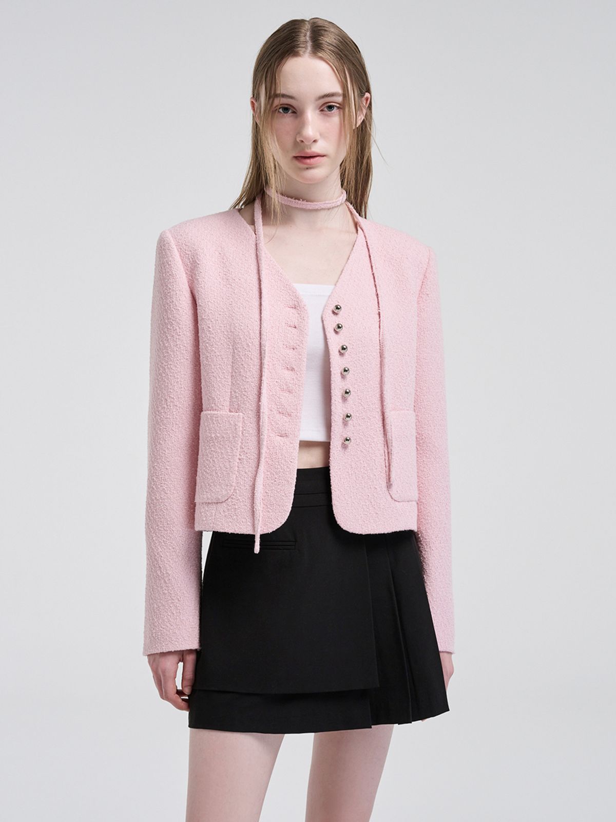 에트몽(ETMON) V-Neck Strap Tweed Jacket, Pink