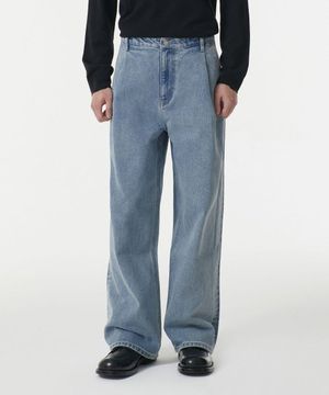 딥 턱 와이드 데님 팬츠 [라이트 인디고]