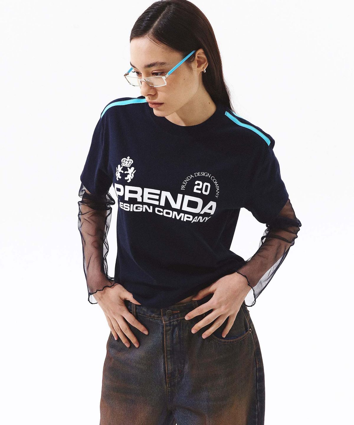 프렌다(PRENDA) PDC UNIFORM SEE THROUGH LAYERED SLEEVE NAVY