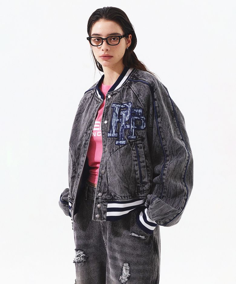 DENIM VARSITY JACKET BLACK DENIM