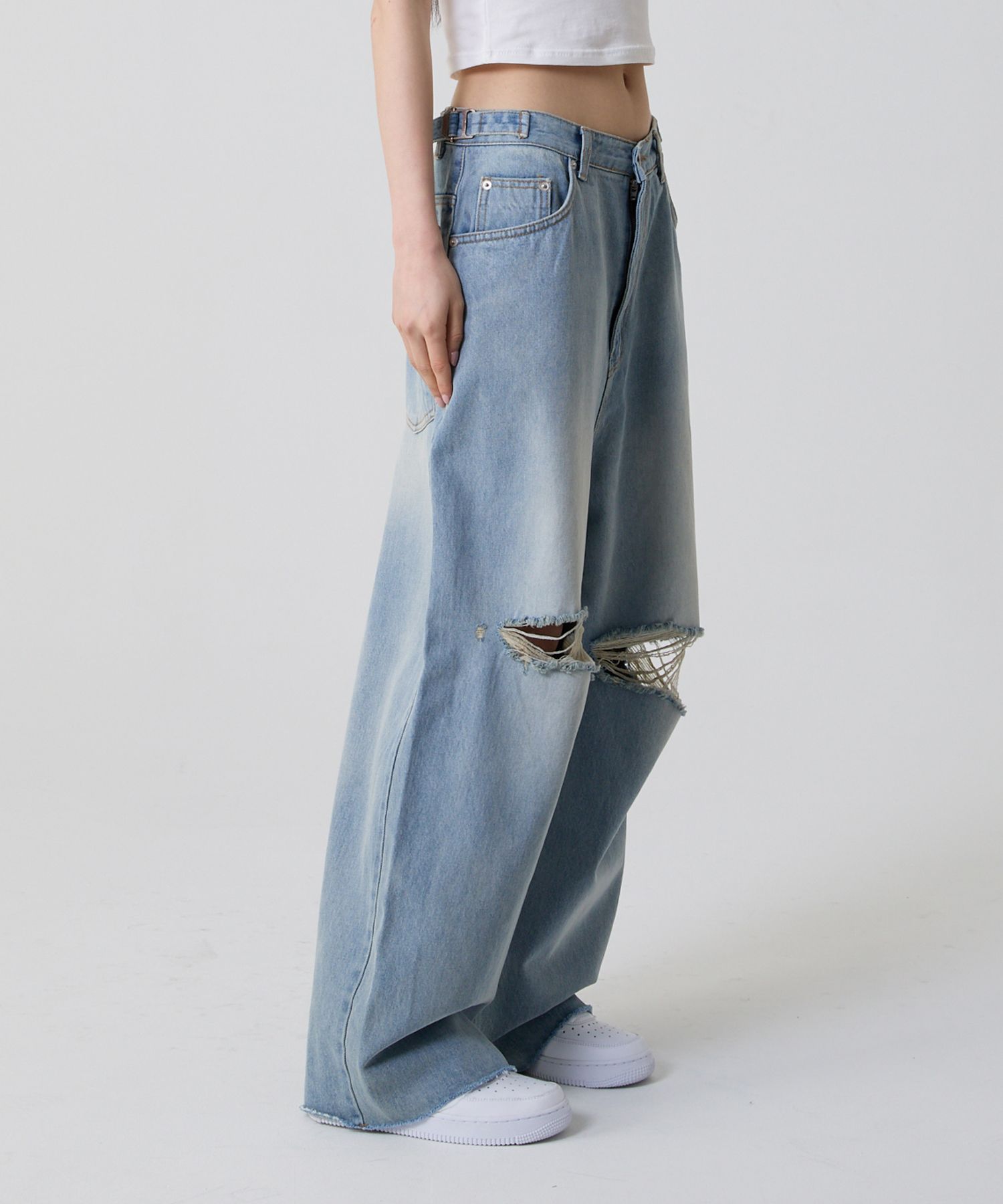 ◆UNKNOWN PLANET◆ Side belted destroyed wide denim pants li MUSINSA | UNKNOWN PLANET side belted destroyed wide denim