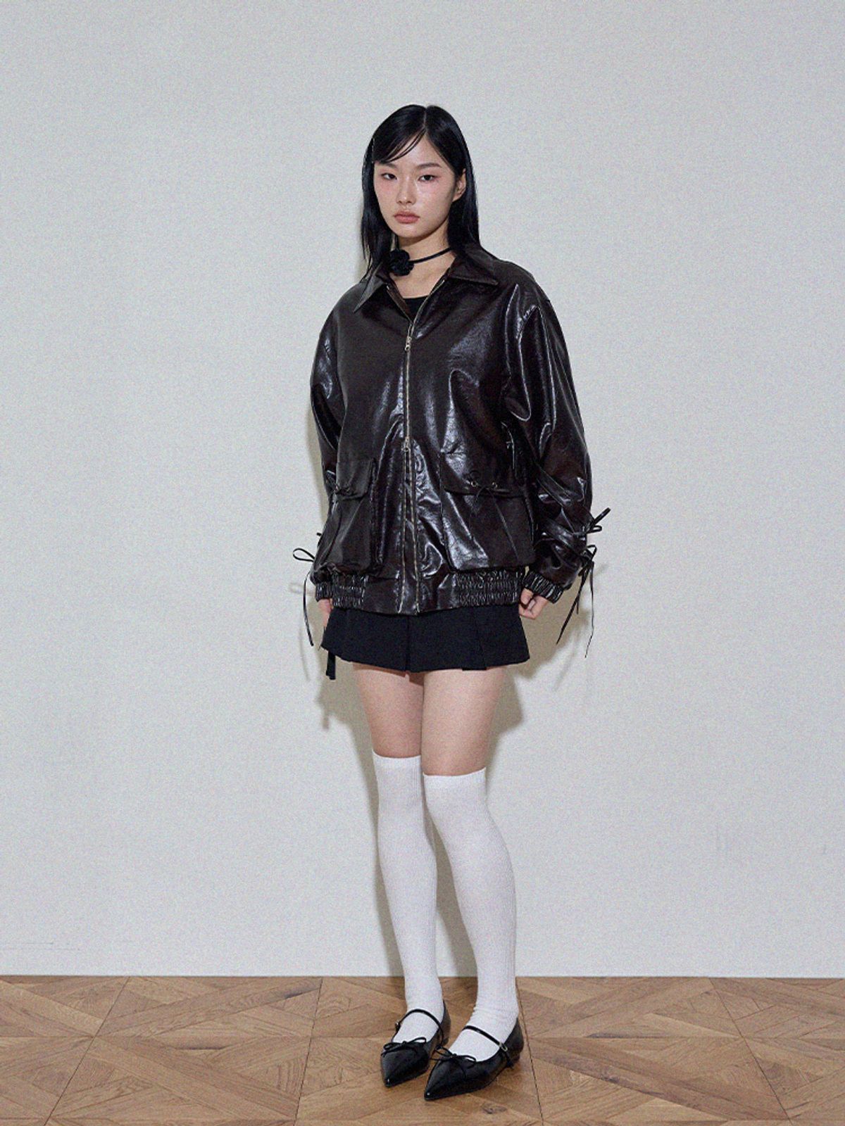 아이토브 서울(ITOV SEOUL) 리본 오버핏 레더자켓 BR