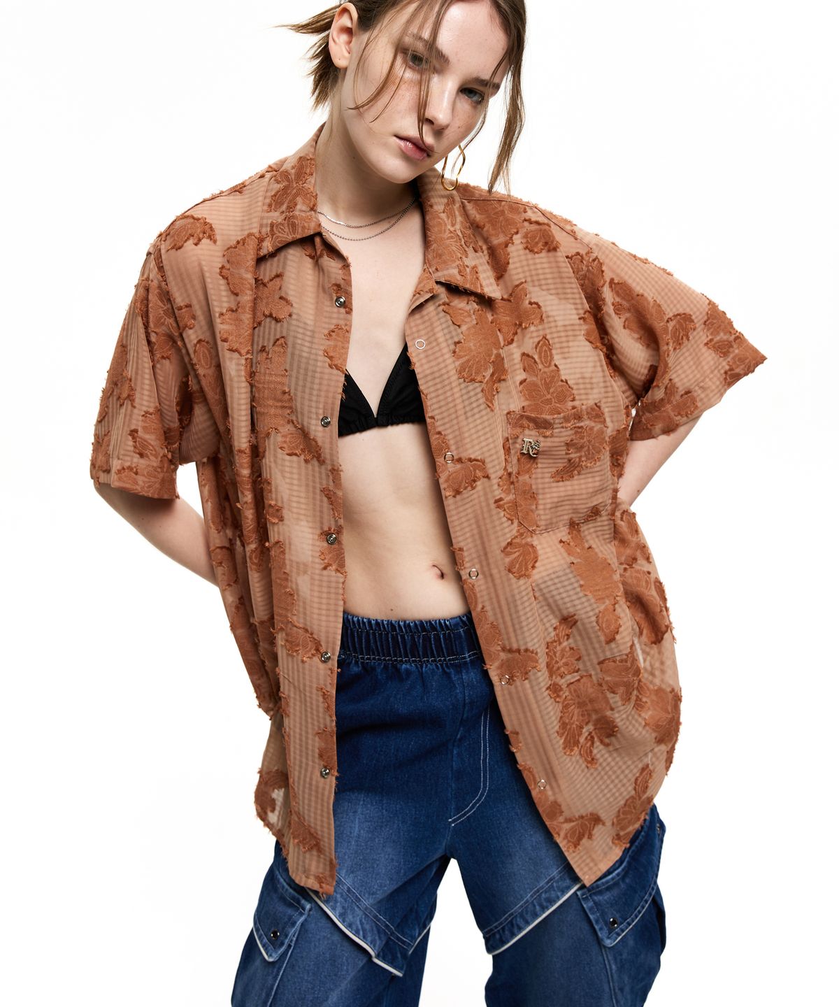 알에스에스씨(RSSC) FLORAL JACQUARD HALF SHIRT - BRICK