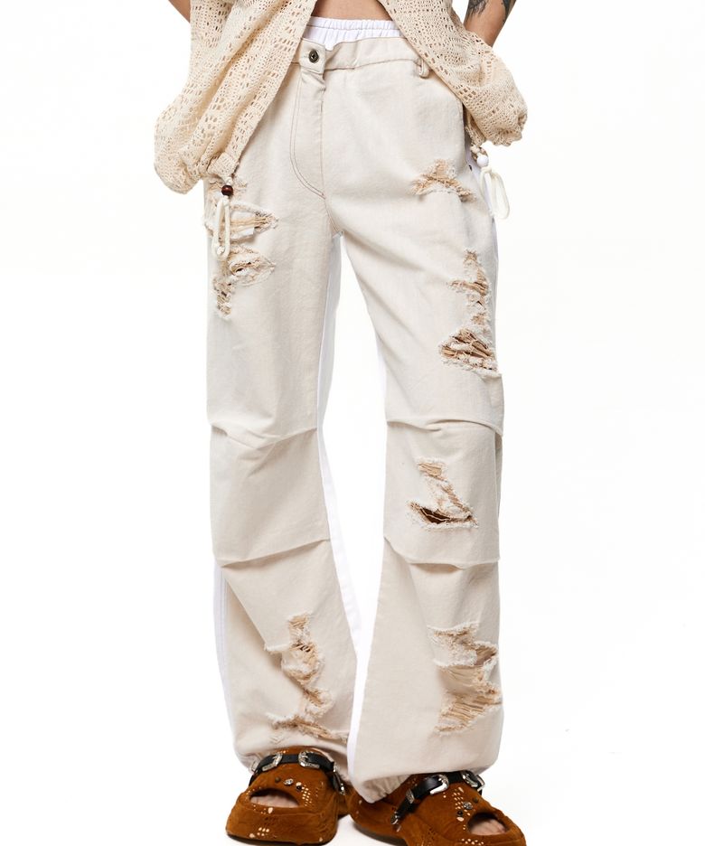 LAYERD DESTROYED DENIM PANTS - IVORY/WHITE