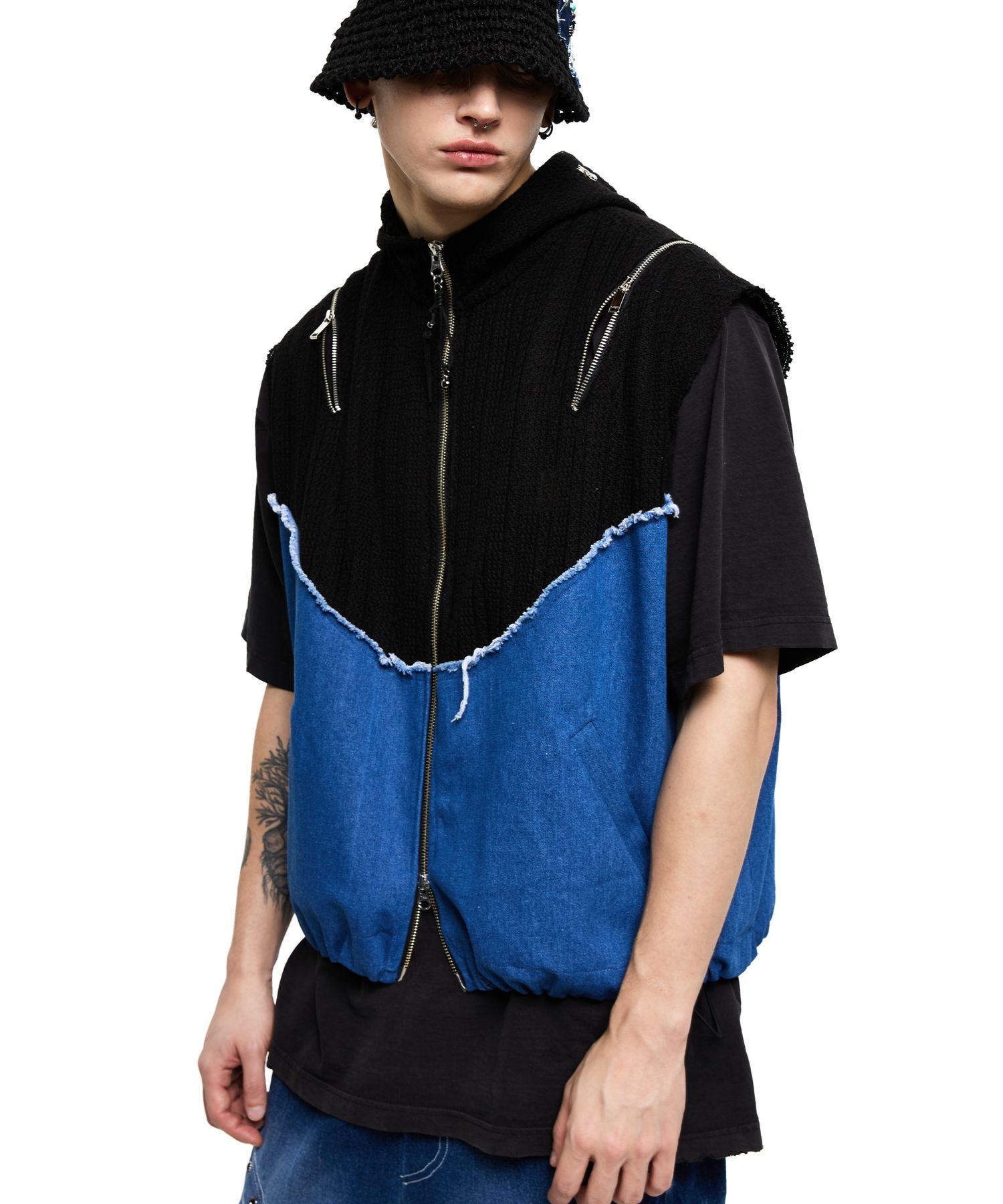 ●RSSC● DENIM PATCHED KNIT HOOD ZIP UP - BLUE / unisex 알에스에스씨(RSSC) DENIM PATCHED KNIT HOOD ZIP UP - BLUE