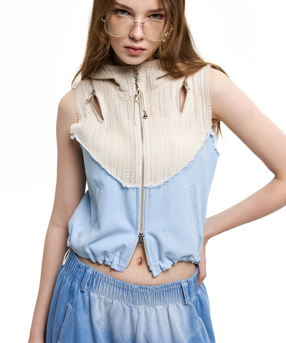 알에스에스씨(RSSC) KNIT & DENIM HOOD ZIPUP VEST - IVORY/LIGHT DENIM