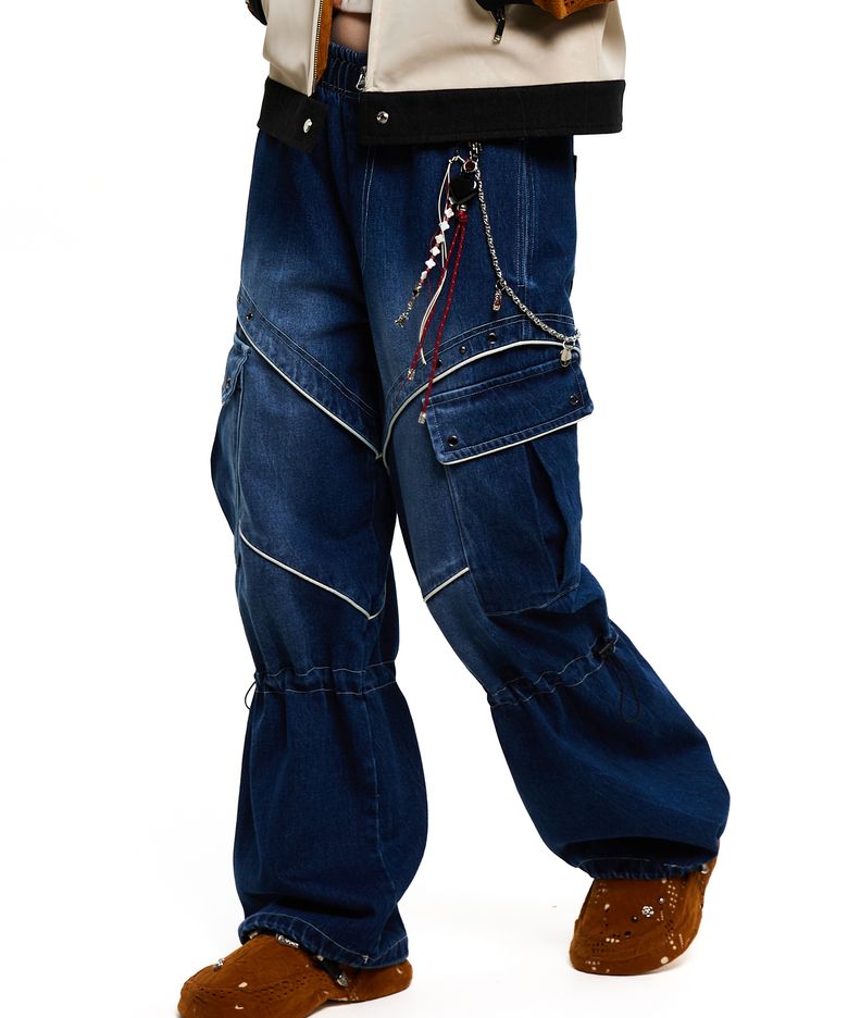 KNEE STRING CARGO DENIM PANTS - DENIM