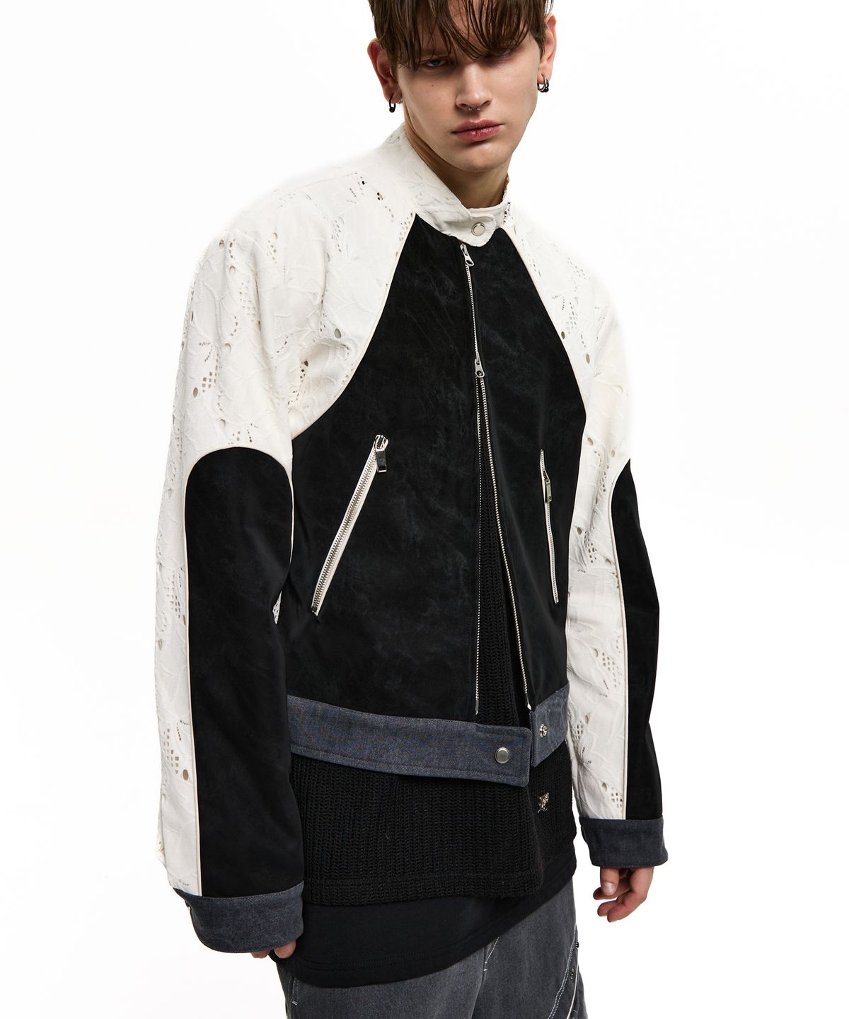 알에스에스씨(RSSC) PUNCHING & LEATHER BIKER JACHET - WHITE/BLACK