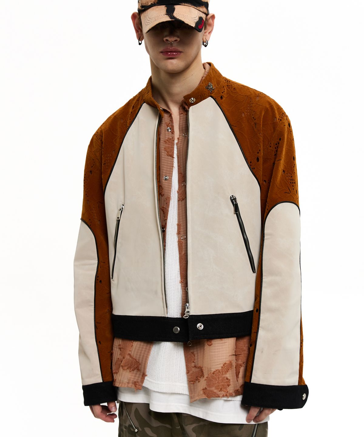 알에스에스씨(RSSC) PUNCHING & LEATHER BIKER JACHET - CAMEL/IVORY
