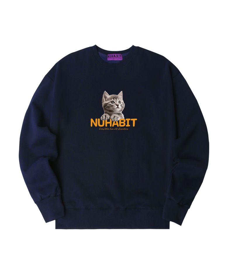 N/H CURIOUS CAT 오버핏 기모 맨투맨_네이비 (GOM4-4NH1210)