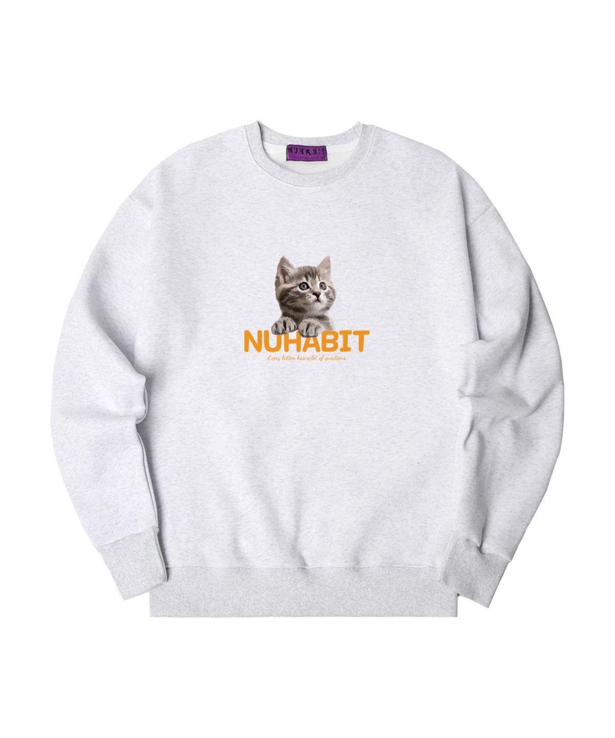 뉴해빗(NUHABIT) N/H CURIOUS CAT 오버핏 기모 맨투맨_멜란지화이트 (GOM4-4NH1210)