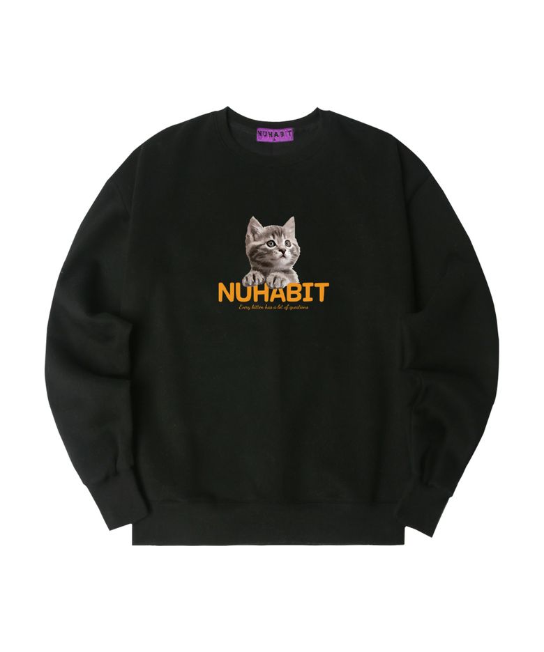 N/H CURIOUS CAT 오버핏 기모 맨투맨_블랙 (GOM4-4NH1210)