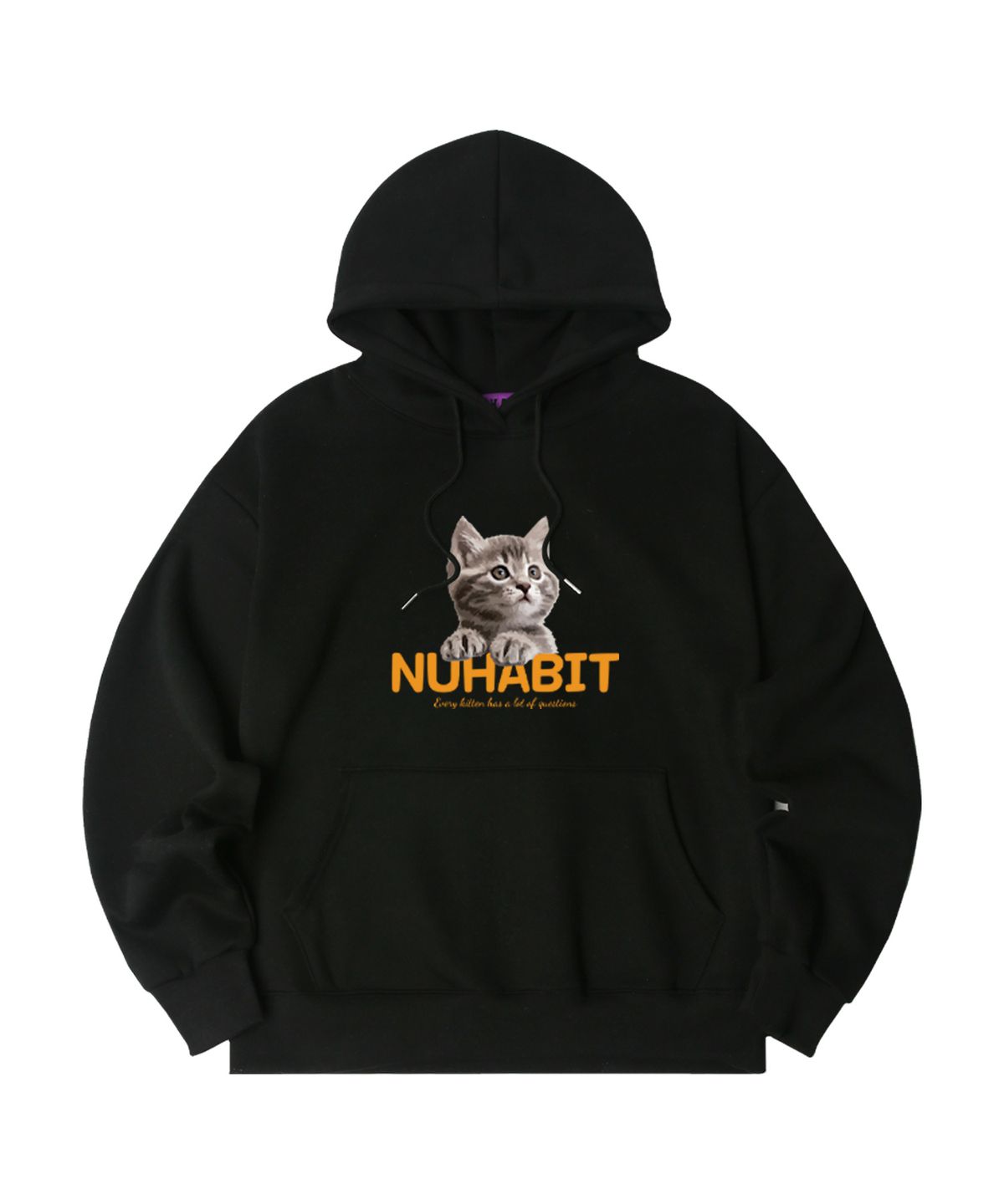 뉴해빗(NUHABIT) N/H CURIOUS CAT 오버핏 기모 후드_블랙 (GOH4-4NH1210)