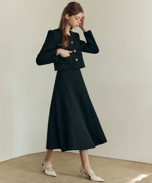 [세트] 브이넥 트위드 자켓 & 스커트 / 솔리드 블랙