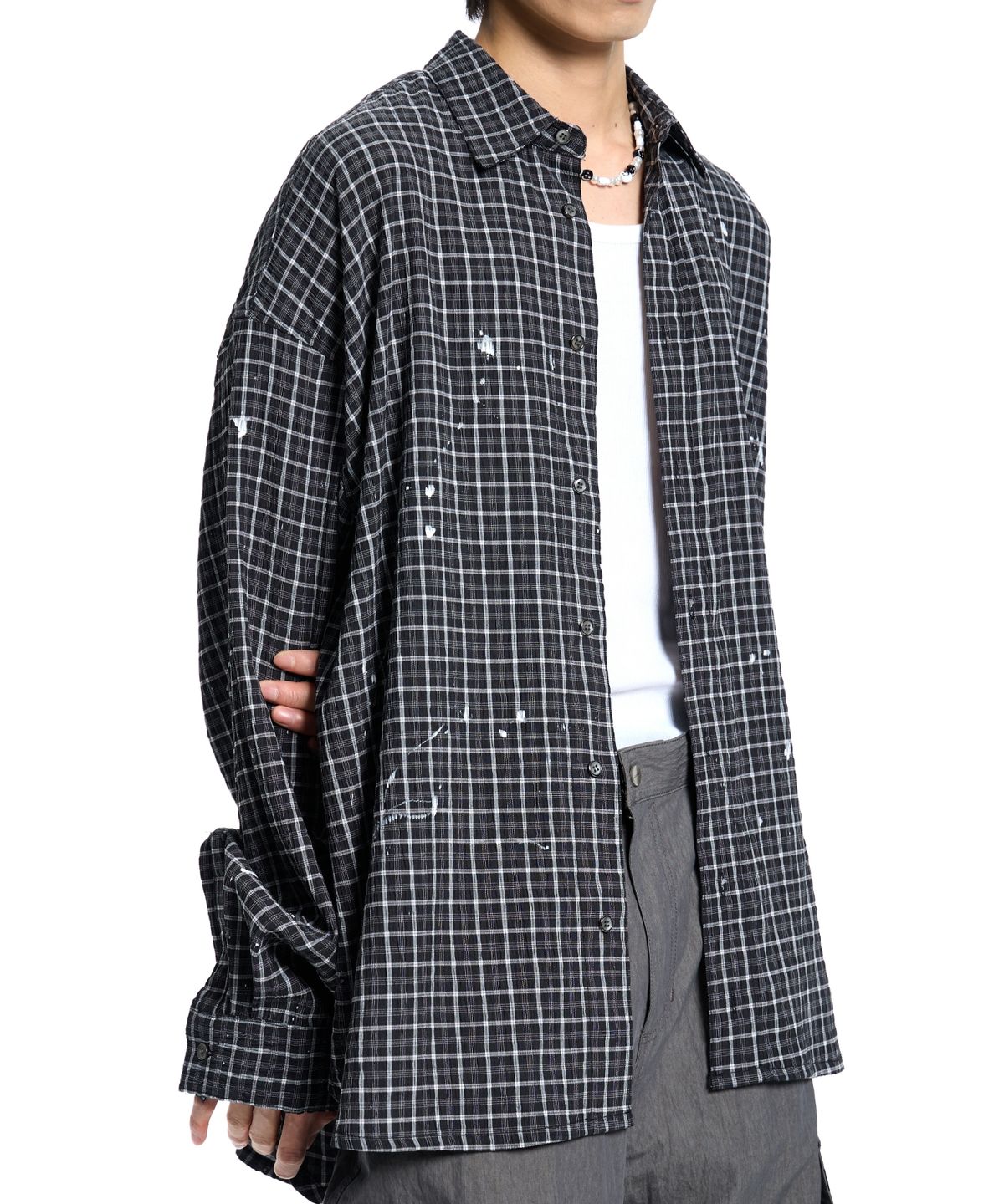 본바트(VONVAT) Paint Spread Check Shirts (Black)
