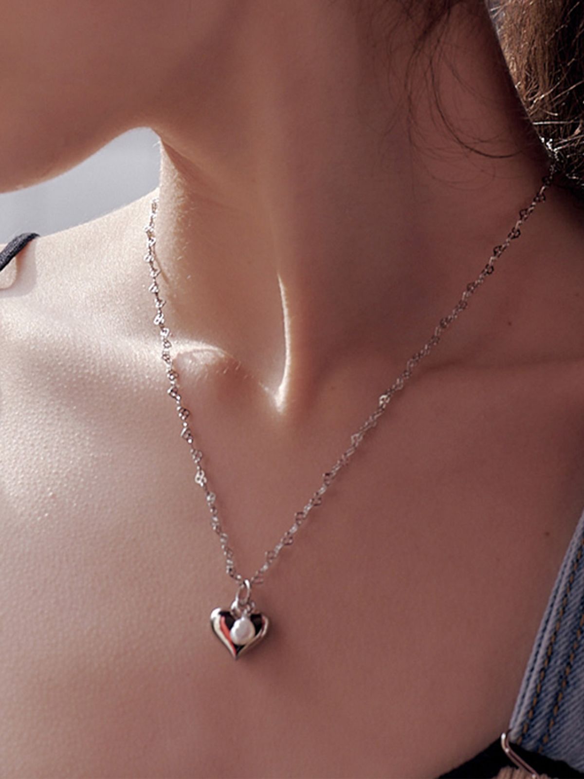 데누(DENU) Heart Pearl Pendant Necklace-Silver