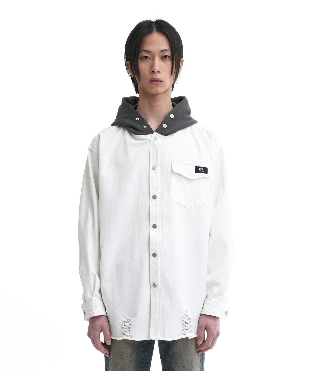 오픈야드(오와이)(OPENYARD(OY)) DESTROYED HOODIE SHIRTS-WHITE