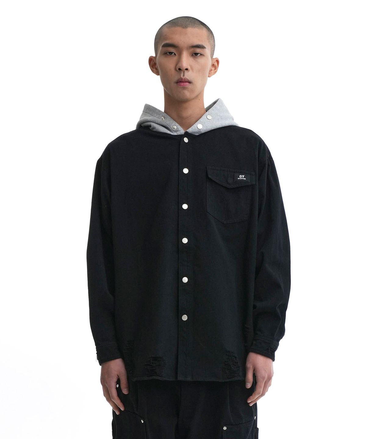 오픈야드(오와이)(OPENYARD(OY)) DESTROYED HOODIE SHIRTS-BLACK