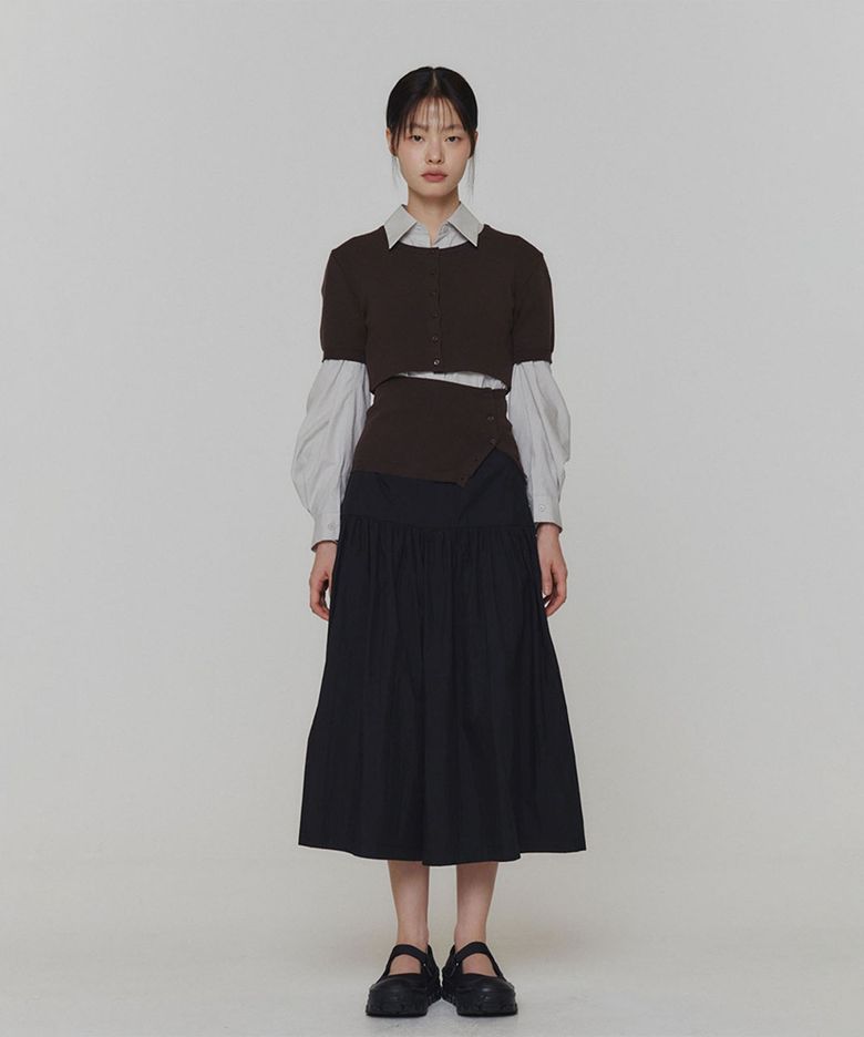 CROP BUTTON CARDIGAN SET_DARK BROWN