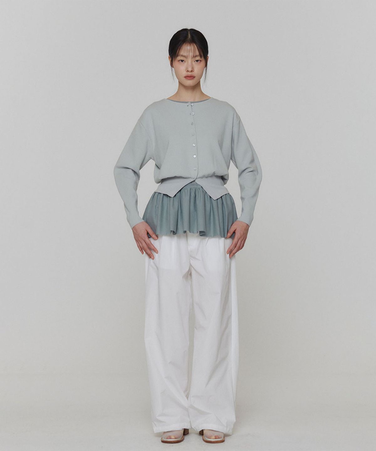 아모멘토(AMOMENTO) ROUND SLEEVE SHIRRED CARDIGAN_MINT