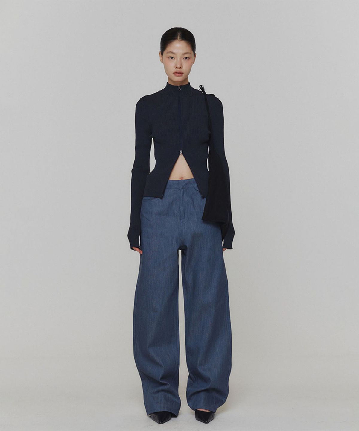 아모멘토(AMOMENTO) RIBBED MOCK NECK CARDIGAN_DARK NAVY