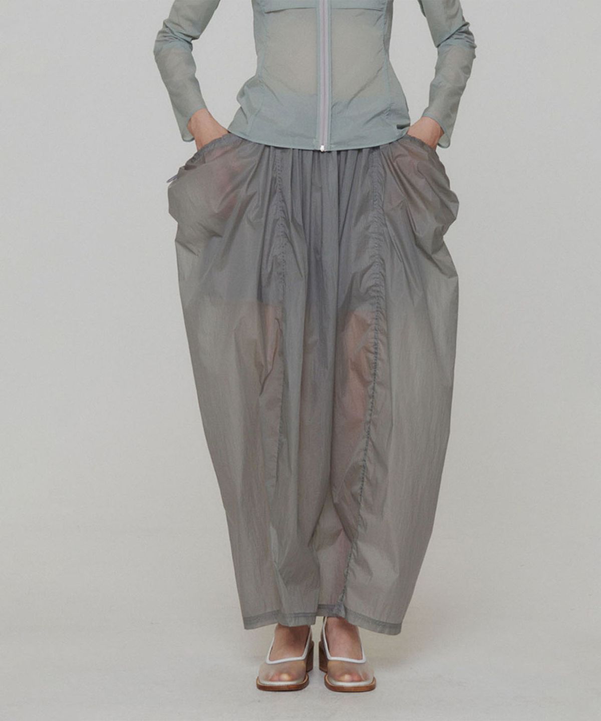 아모멘토(AMOMENTO) LAYERED SHIRRING SKIRT_GREY